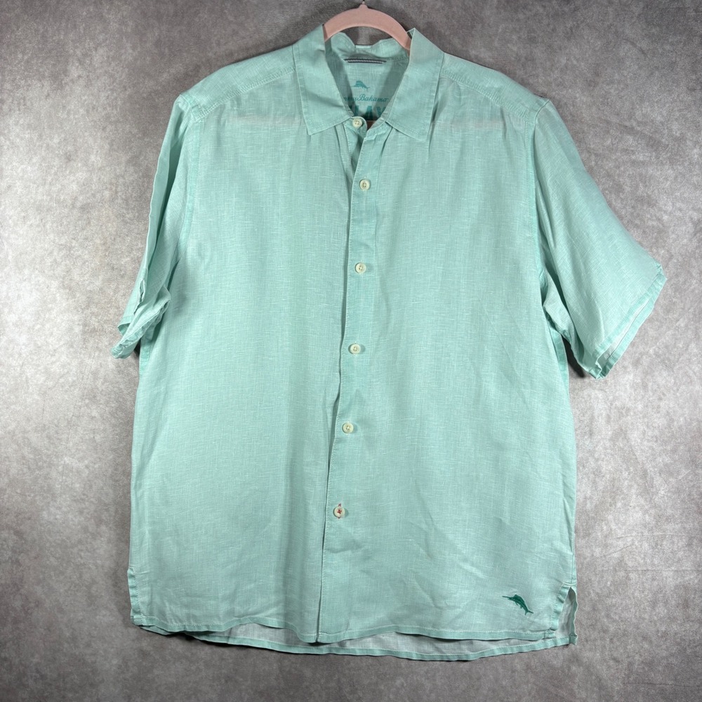 Tommy Bahama Button Up Mens Large Aqua Linen Short Sleeve‎ Casual Tropical Beach